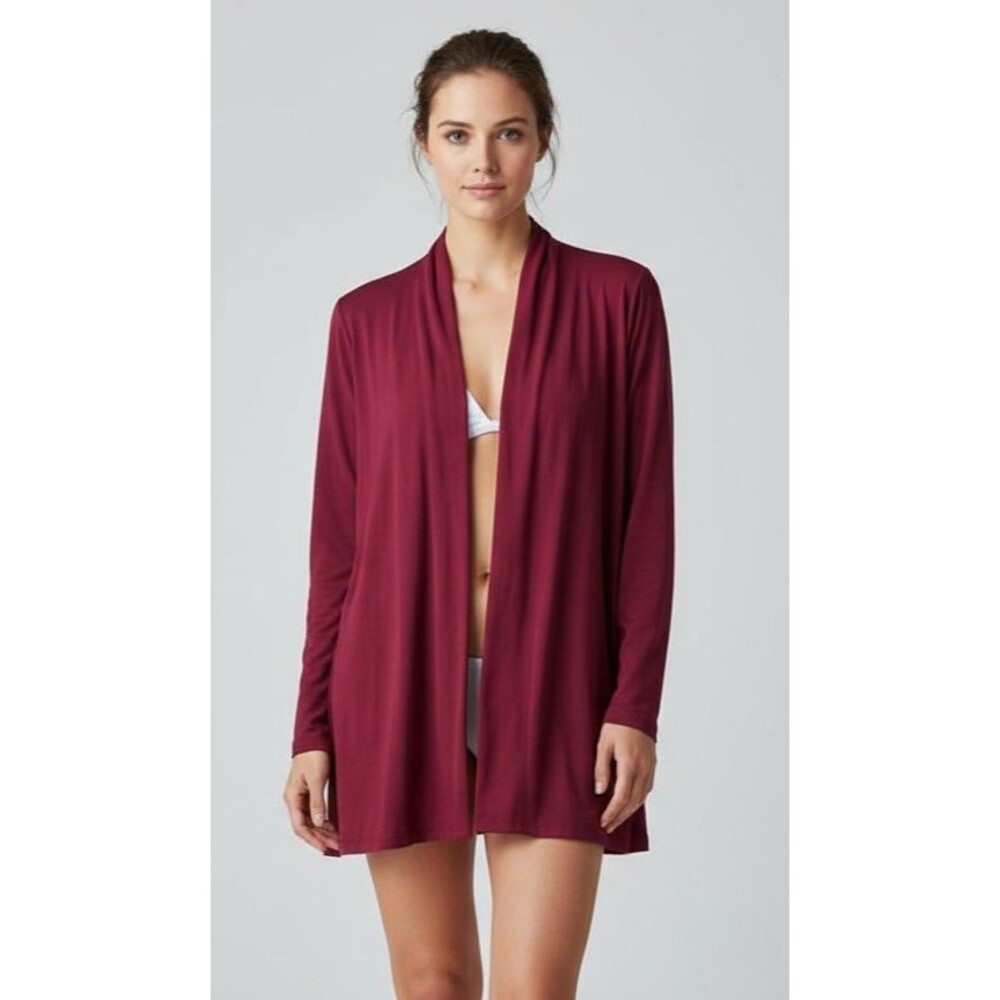 Maroon Open Front Knit Cardigan – Women’s Medium – Resort-Ready Swim Cover-Up